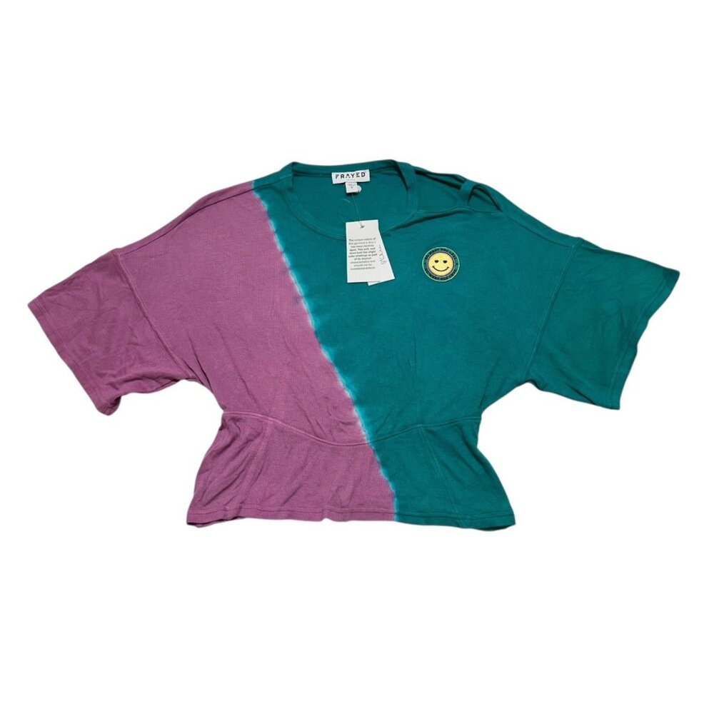 FRAYED Size S Alora Happy Face Green Lilac Ombre Ribbed Cut Out Top NWT